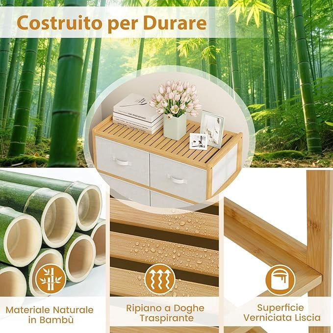 Cassettiera a 6 Cassetti in Bambù, Torre di Stoccaggio con Cassetti in Tessuto Pieghevoli e Ripiano Superiore, Organizzatore Verticale per Soggiorno Corridoio, 66x35x78,5 cm