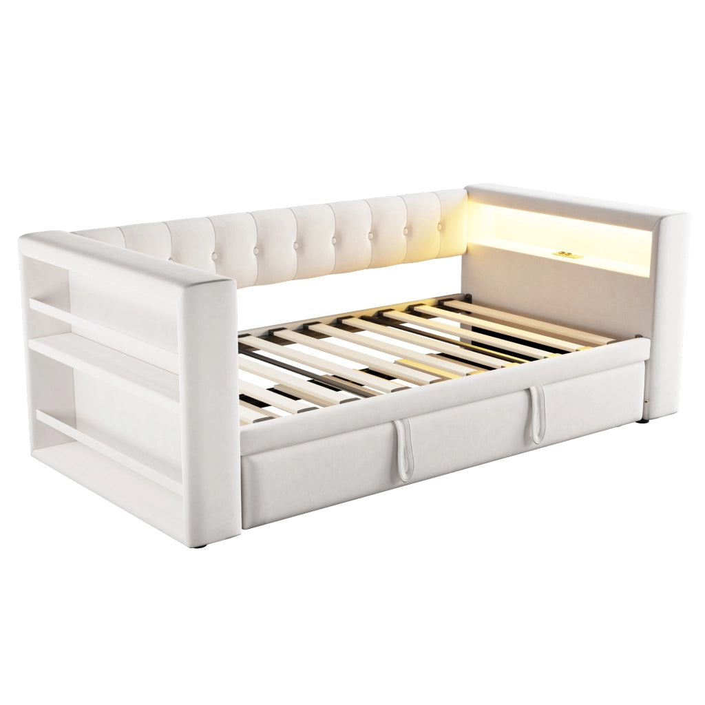 OKWISH Letto a Divano 90/180×190 cm, Letto Singolo con LED Multicolore, Prese e Vani Contenitori, senza Materasso, in Flanella, Beige