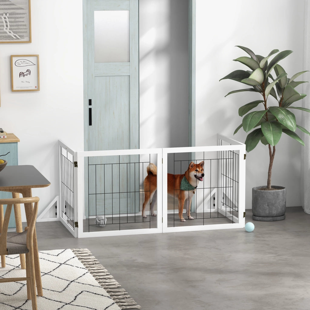 Cancellino per Cani Pieghevole con 4 Pannelli e Piedini Triangolari, 280x70 cm, Bianco