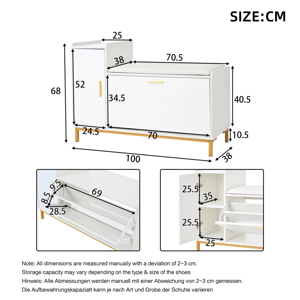 Scarpiera con seduta, 2 ripiani e 1 armadietto, per ingresso, in truciolare e metallo, bianco oro, 100 × 38 × 68 cm