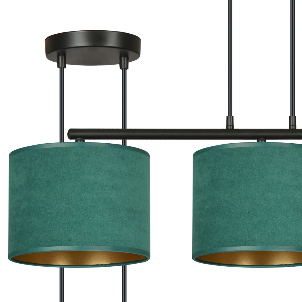 Lampadario 3 Luci Ganesha In Acciaio Nero E Paralumi In Tessuto Verde