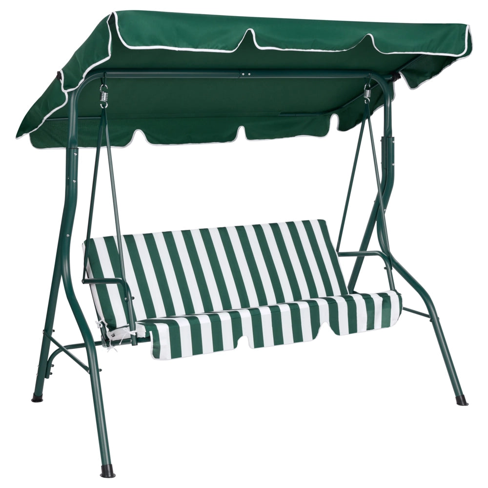 Altalena da giardino per patio con struttura in acciaio a rete a righe verdi a 3 posti con baldacchino
