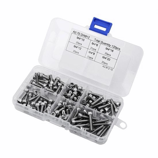 Assortimento di viti Inbus M4 - 120 pezzi - Contenuto in scatola di conservazione - Adatto per vari lavori di fai da te