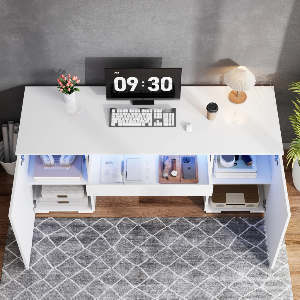SCRIVANIA 140x50 cm Bianco Laccato Lucido con LED, 1 Cassetto e 2 Ante