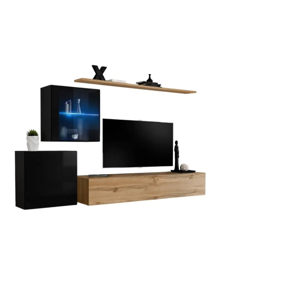 Mobile da soggiorno da parete SWITCH XV design, colore rovere Wotan e nero lucido.