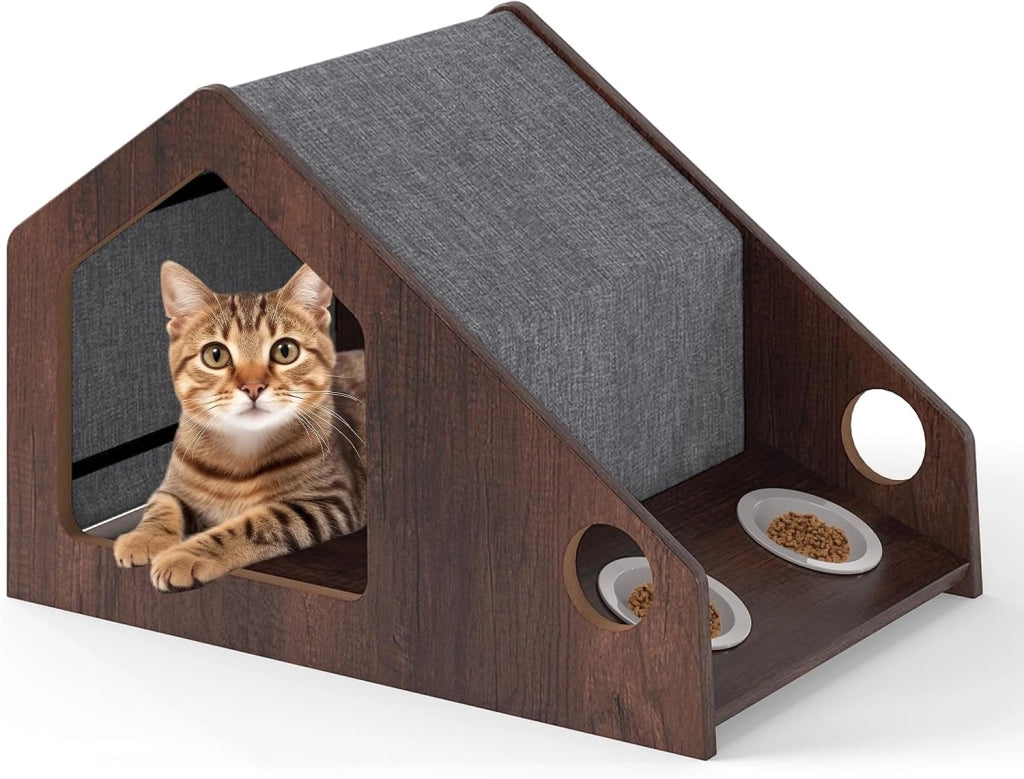 Casetta in Legno per Gatti da Interni, Condo per Gatti con Stazione di Alimentazione, Tetto Rimovibile e Struttura in Metallo, Cuccia per Gattini in Stile Fattoria, 60 x 40 x 40 cm