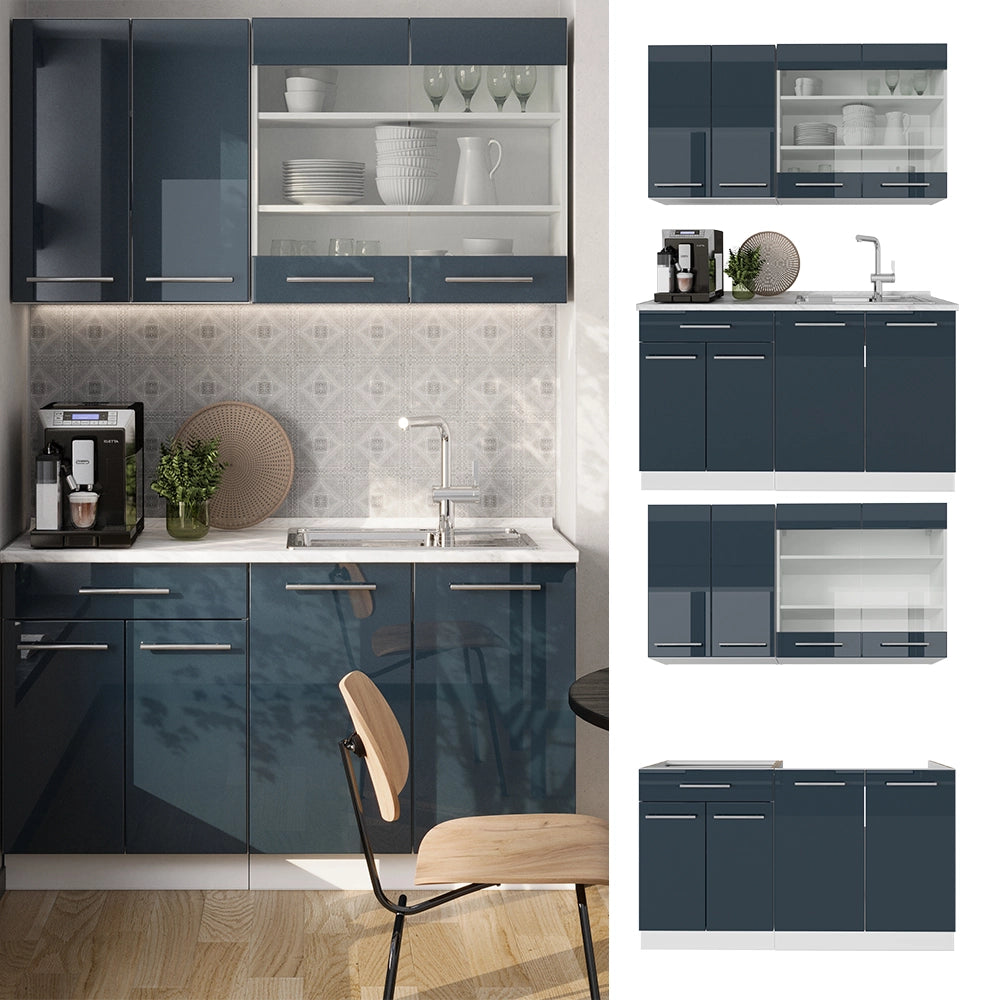 Mobili da cucina Fame-Line Blu scuro lucido/Bianco 140 cm, PL Rovere Vicco