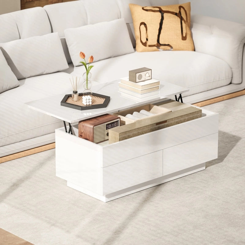 TAVOLO Caffè sollevabile 102x48x40 cm Bianco lucido con 2 cassetti