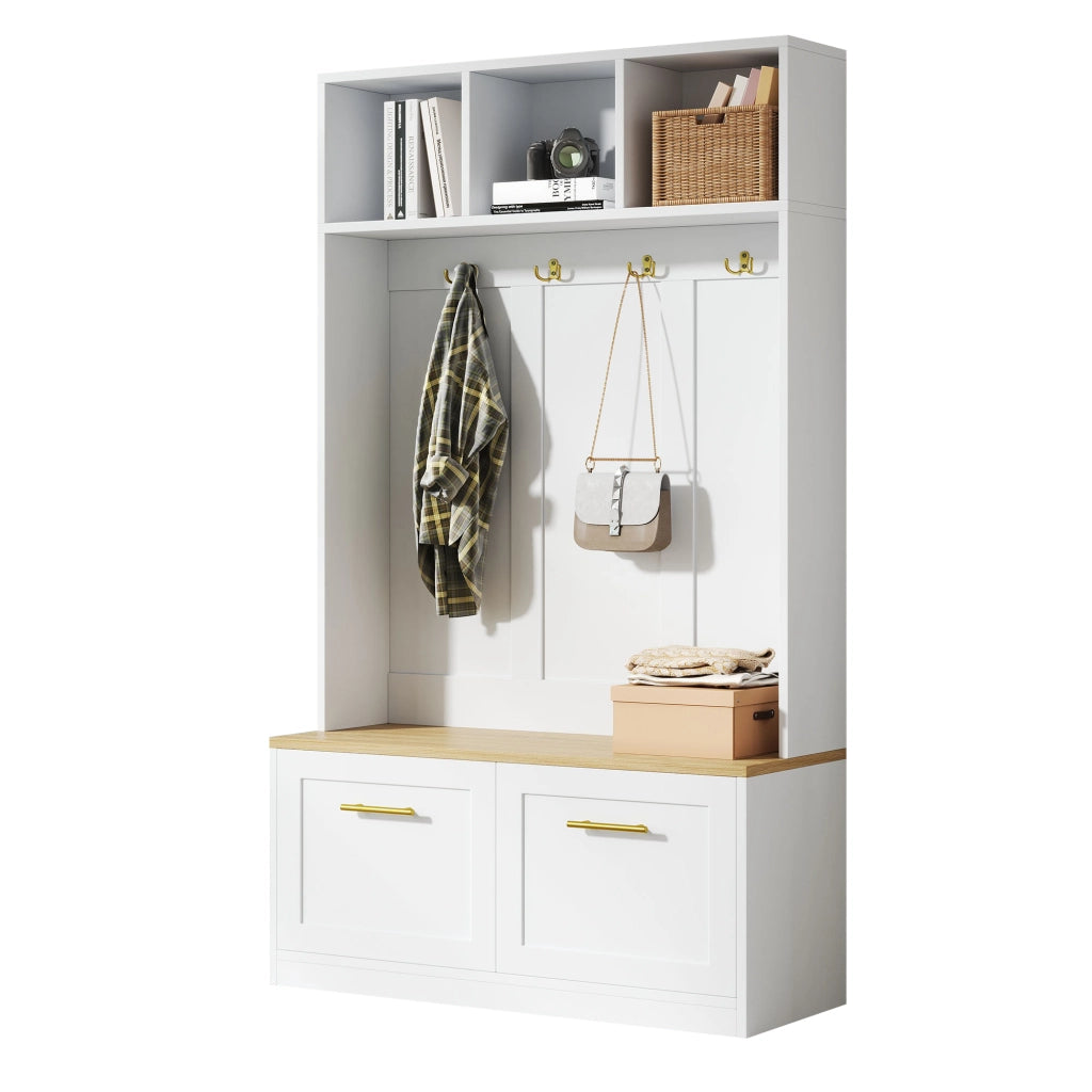 OKWISH Mobile da ingresso con 2 Ante, Panca, 4 Ganci e Vani Aperti, MDF, Naturale e Bianco, 105 x 40 x 180 cm