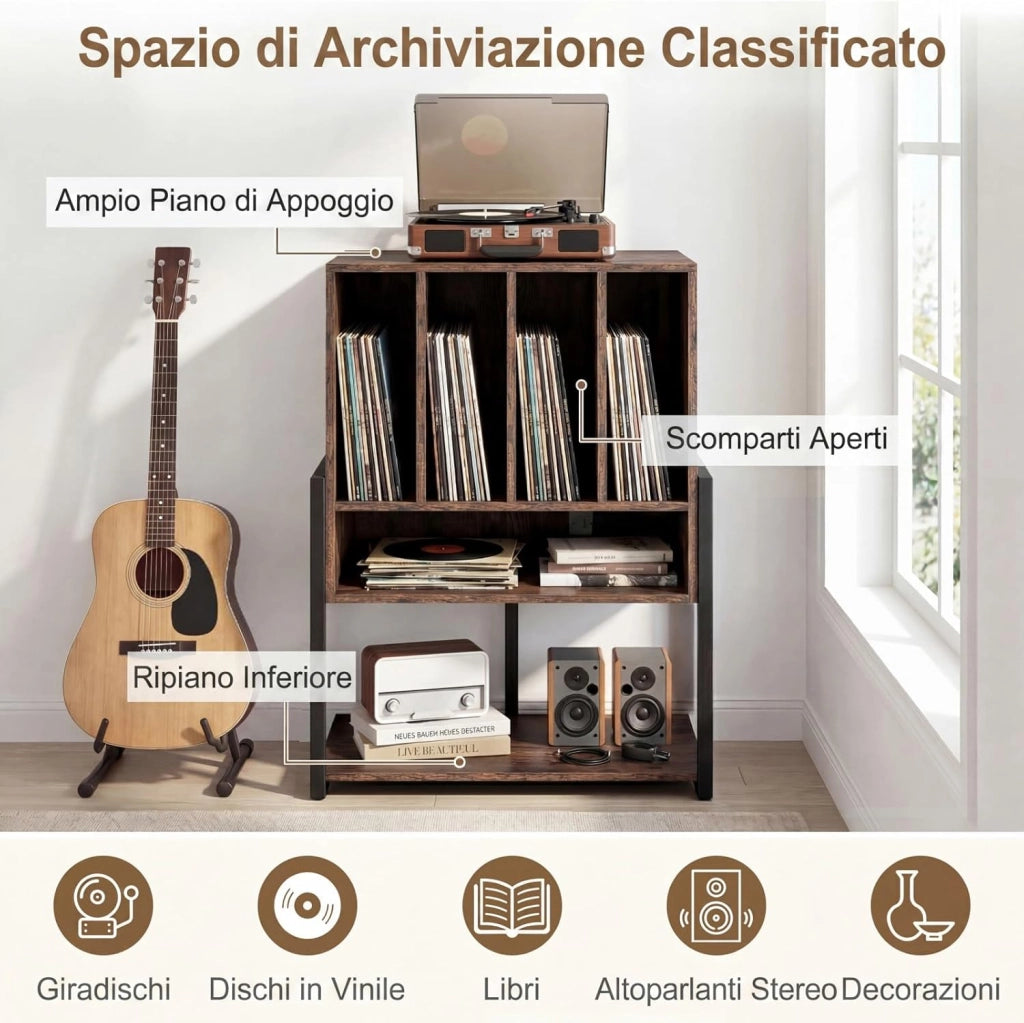 Supporto per Giradischi, Mobile Porta Giradischi con 4 Scomparti e Ripiani Aperti, Scaffale per Dischi in Legno con Ruote e Piedini Regolabili (Marrone Rustico, Nessuna Presa di Corrente)