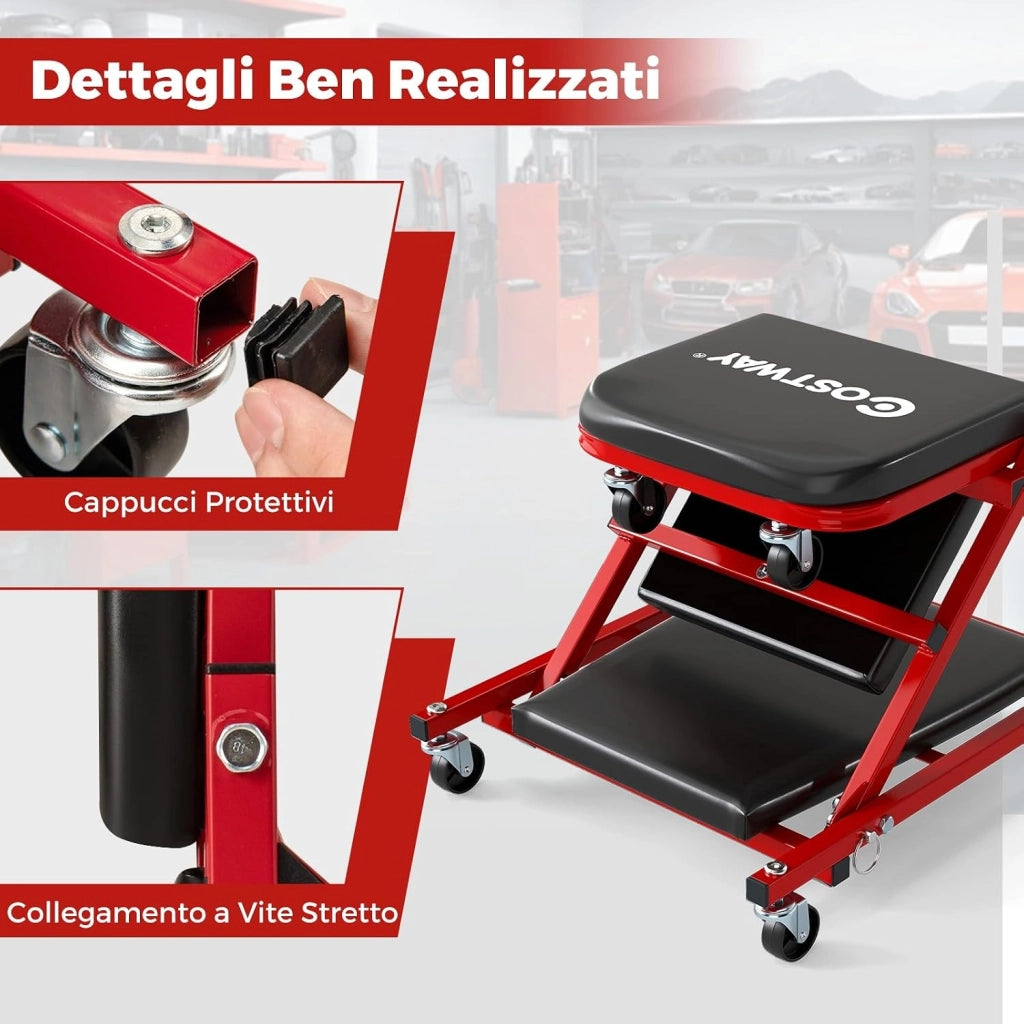 COSTWAY 2 in 1 Sgabello da Officina a Forma di Z, Carrello Meccanico sotto Auto con Sedile Imbottito e Ruote Girevoli a 360°, Portata 150 kg, per Garage e Officina (Nero)