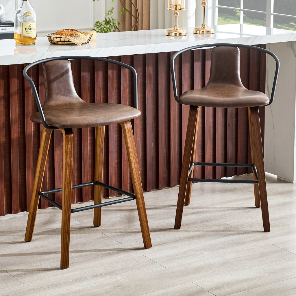 Sgabello da bar con braccioli in legno e metallo con seduta imbottita e poggiapiedi marrone 68 × 52,5 × 44 cm