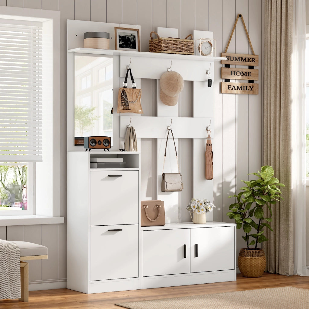 Mobili da ingresso con scarpiera ribaltabile, specchio e 6 ganci, vani aperti, in MDF, bianco, 120 × 30 × 180 cm