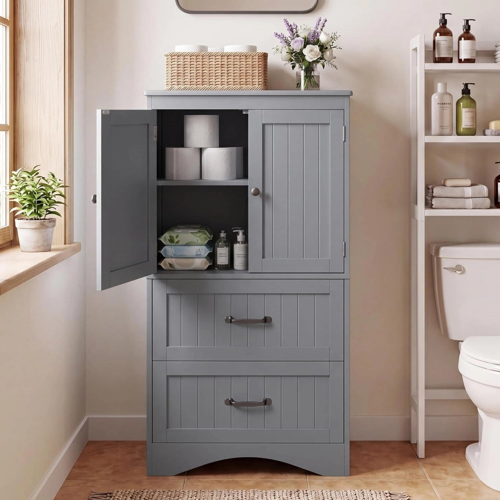 Armadietto da Cucina, Mobile bagno con 2 Cassetti, con Ripiani Regolabili, per Bagno, Soggiorno and Cucina, 60×30×110 cm,Grigio