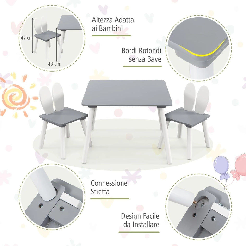 Tavolo Bambini con Sedie, Set Tavolo e Sedie in Legno per Bambini 3-6 anni con Schienale a Forma di Coniglio, Tavolino con Sedie per Giocare, Disegnare e Leggere, Capacità di 40 kg (Grigio)