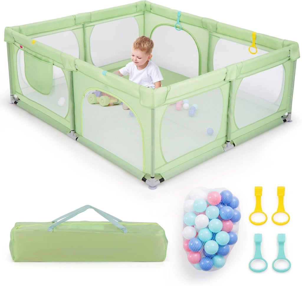 Recinto per Bambini, Box per Neonati con Rete Traspirante, Centro Attività con 50 Palline, Box Giochi per Bambini 0-3 Anni (Verde, 206 x 147 cm)