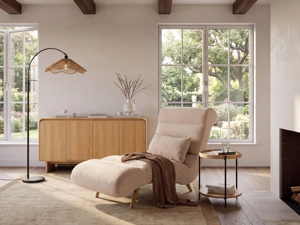 Chaise longue in tessuto bouclè beige per soggiorno, per il relax, con gambe effetto legno, stile scandinavo moderno