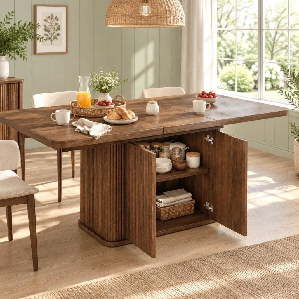 Tavolo da pranzo allungabile 140-180 cm con vano contenitore; MDF e metallo marrone HOMVRA