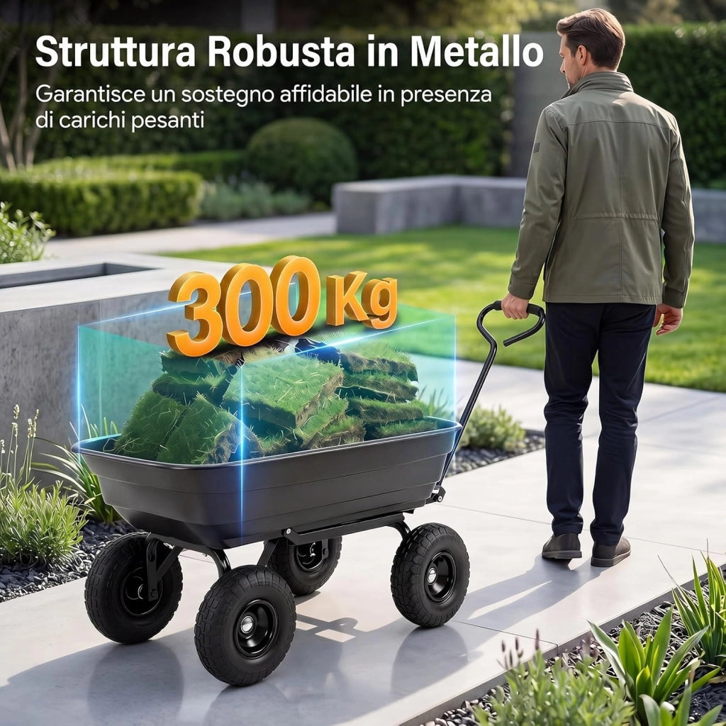 Carrello da Giardino 75 L Portata 300 kg, Carriola da Giardino Ribaltabile con 4 Ruote Pneumatiche, Manico Regolabile e Impugnatura Morbida, Carriola da Muratore da Esterno