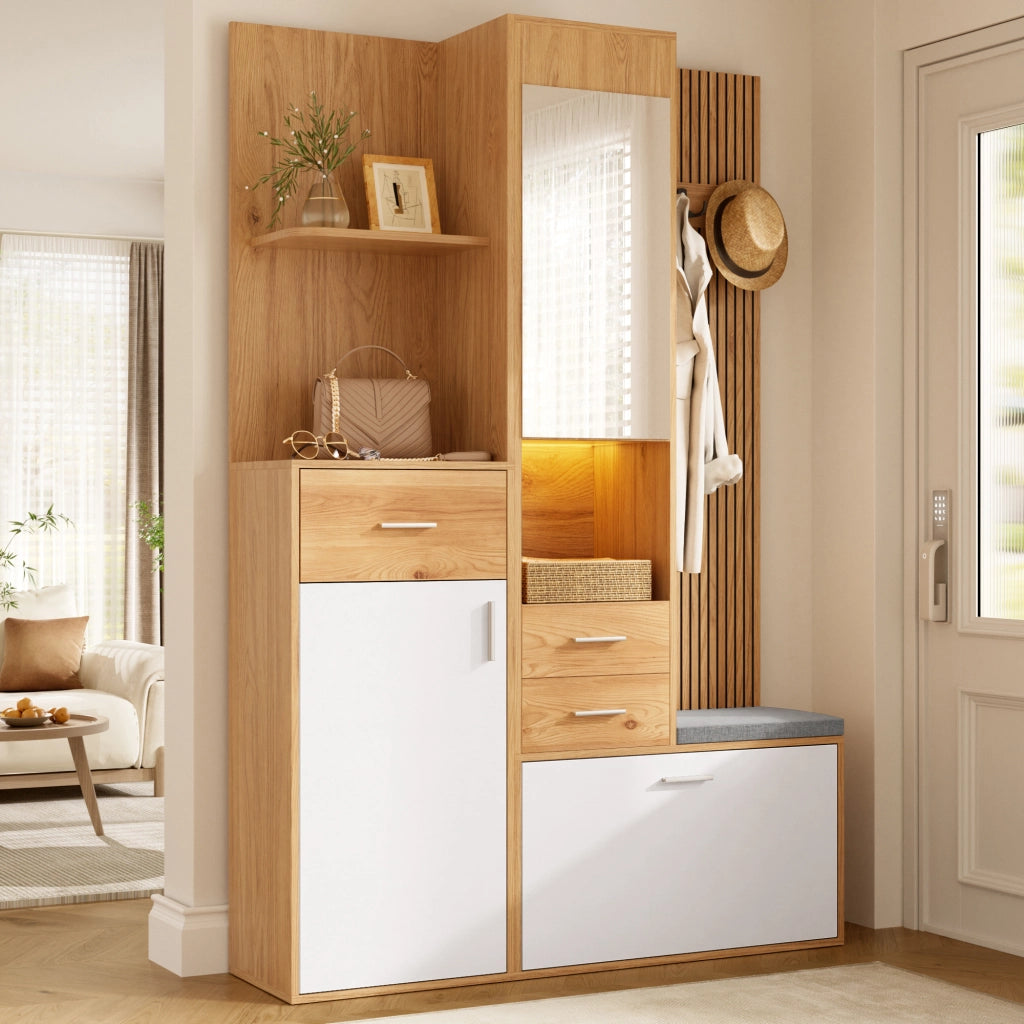 Mobile da ingresso multifunzionale con scarpiera, specchio, panca e LED in MDF e pannello truciolare bianco naturale