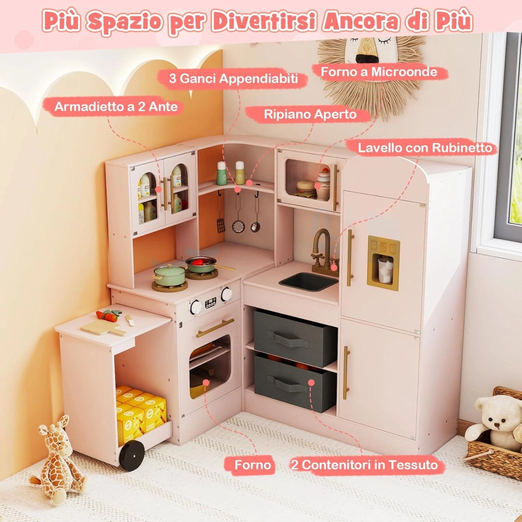 Cucina Giocattolo Angolare in Legno, Set di Cucina Giocattolo per Bambini con Lavabo, Fornelli, Forno, Frigorifero, Macchina del Ghiaccio e Accessori, per Bambini 3 Anni+ (Rosa)