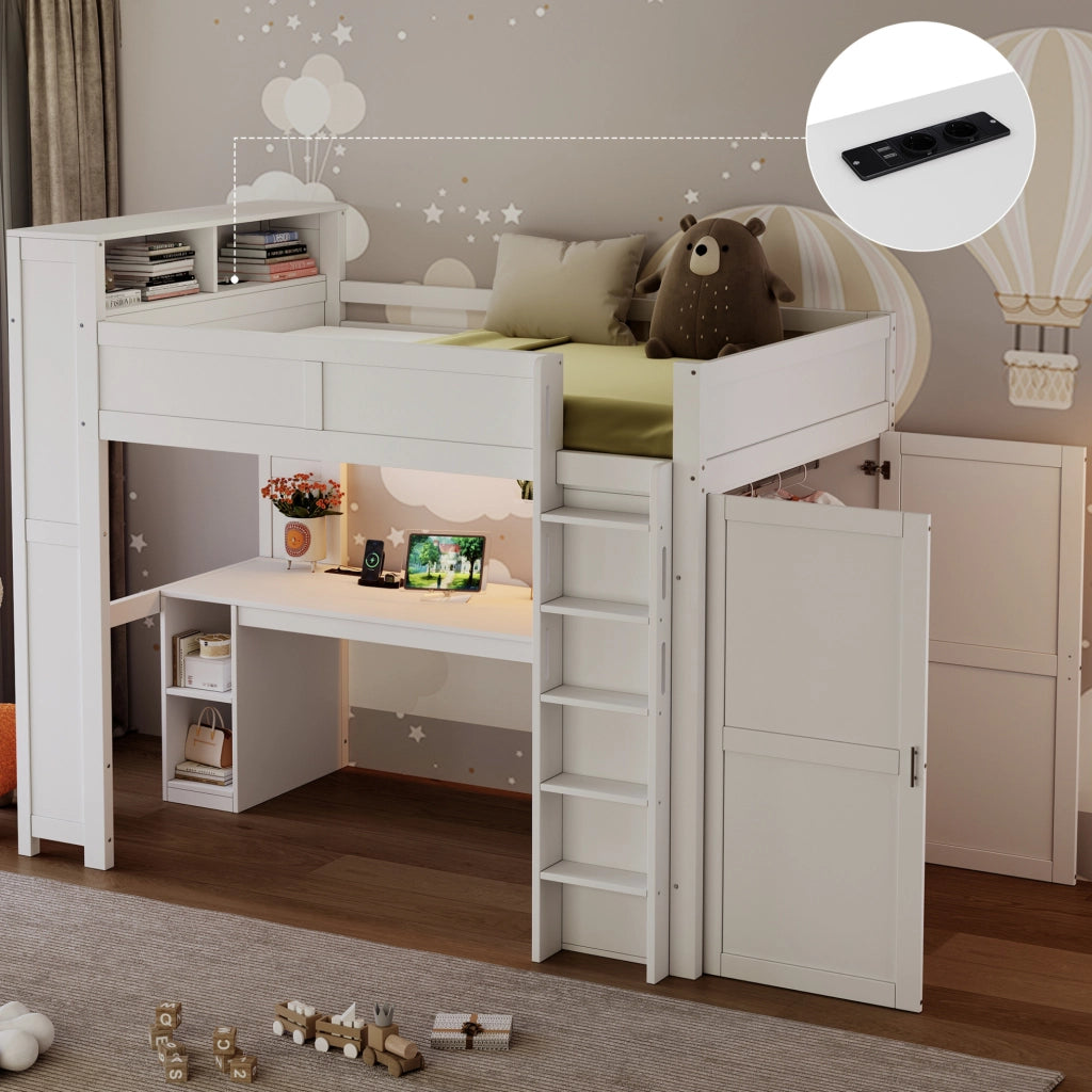 Letto a soppalco 90x200 cm con scrivania; armadio; vani; USB e LED; bianco