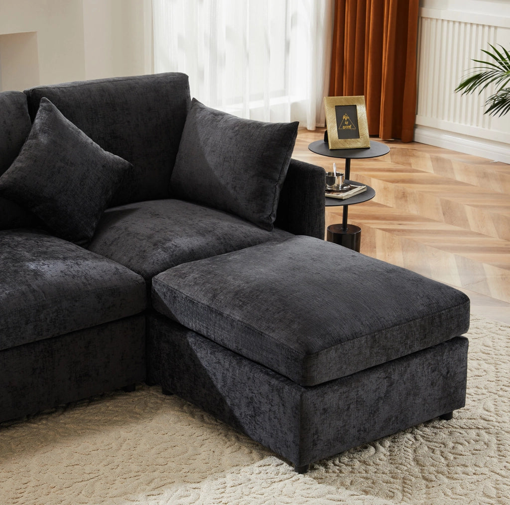 Divano angolare modulare 3 posti in ciniglia grigia con pouf mobile e 4 cuscini confortevoli