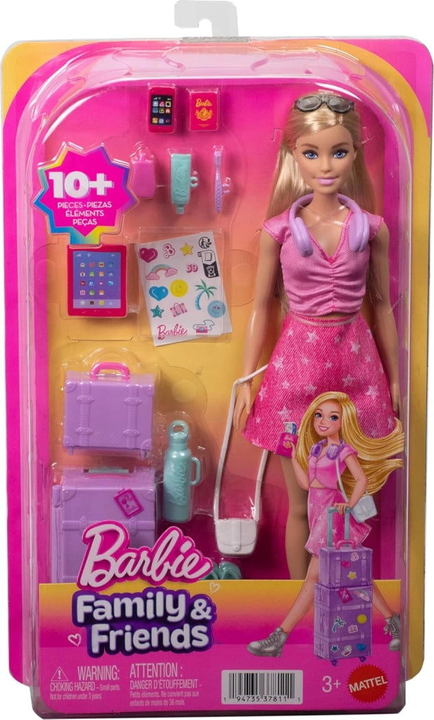 Barbie - Malibu Avventure Senza Limiti, bambola bionda con outfit alla moda e accessori a tema viaggio inclusi tra cui d