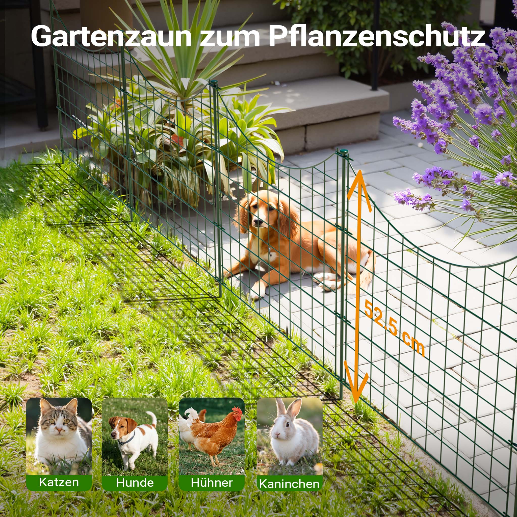 Recinzione giardino, set con 5 elementi verdi con bordo curvo, recinzione in rete metallica 770 x 8 x 640 mm, recinto a innesto di facile montaggio