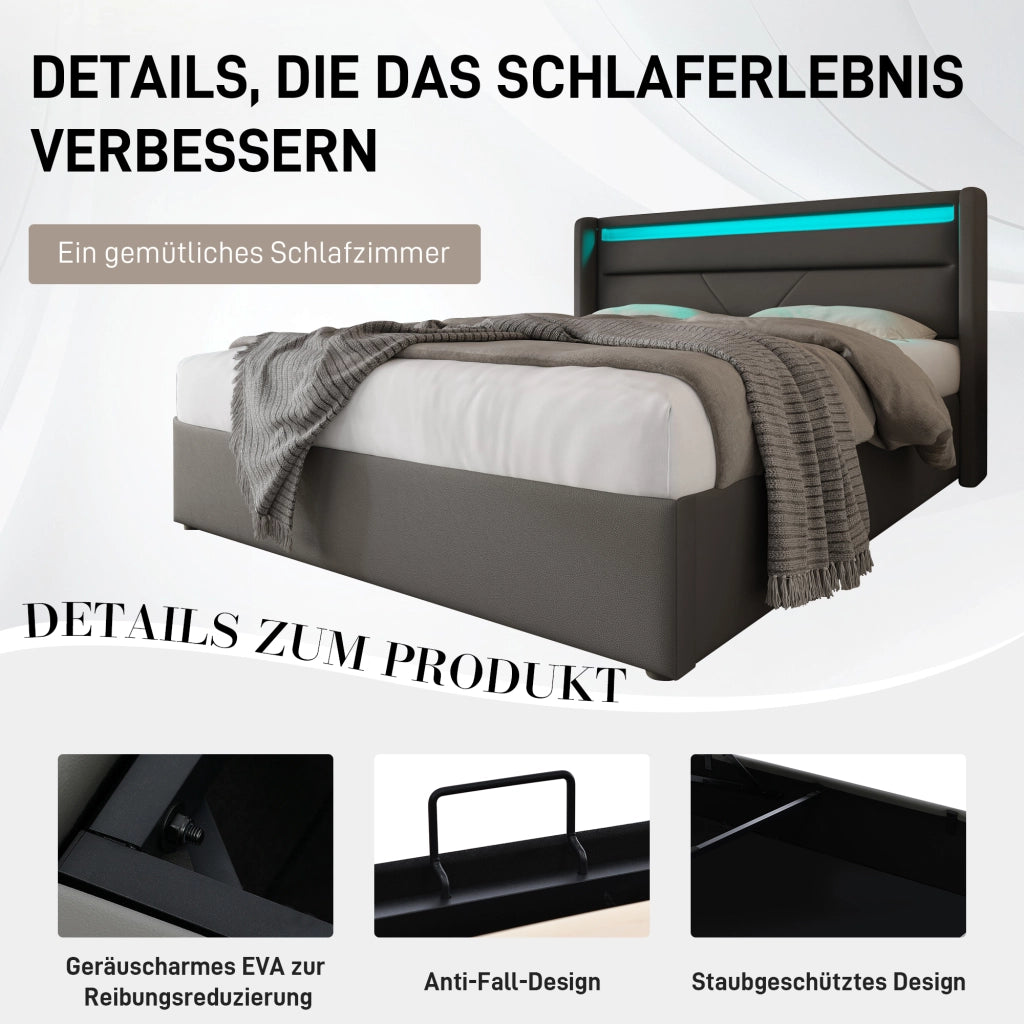 LETTO Contenitore 140x200 cm in PU Grigio con LED e telecomando