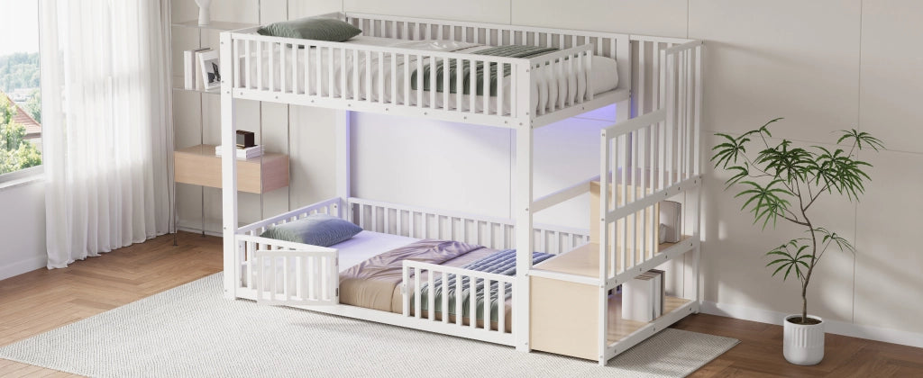 Letto a Castello 90x200 in Metallo Bianco con Scala Contenitore e LED Integrati