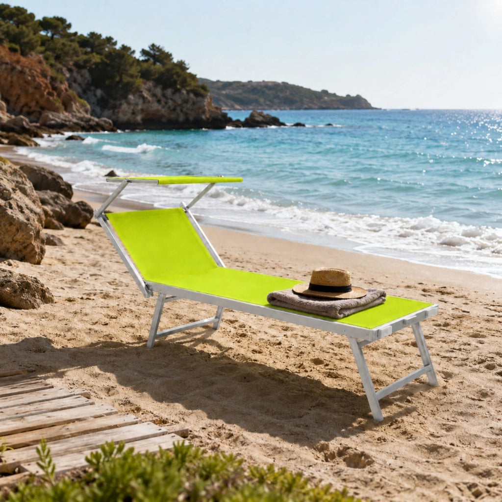 Lettino Sdraio Prendisole Professionale Richiudibile In Alluminio E Textilene con Tettino Parasole Orientabile Lettino Relax Mare Spiaggia Piscina Giardino Solarium 182 x 60 x 38 Cm Verde Fluo