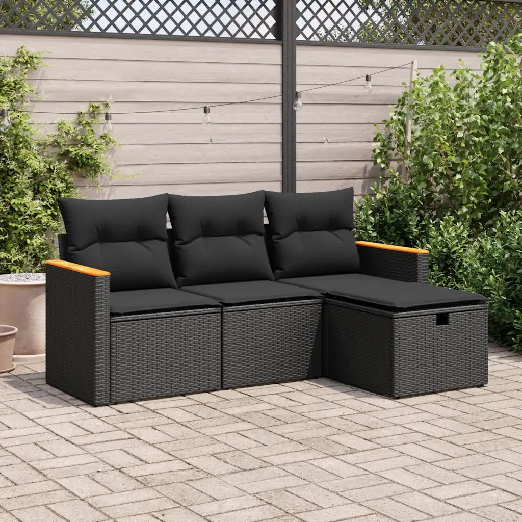 Set Divani da Giardino 4 pz | Set Salotto da Giardino con Cuscini Nero in Polyrattan