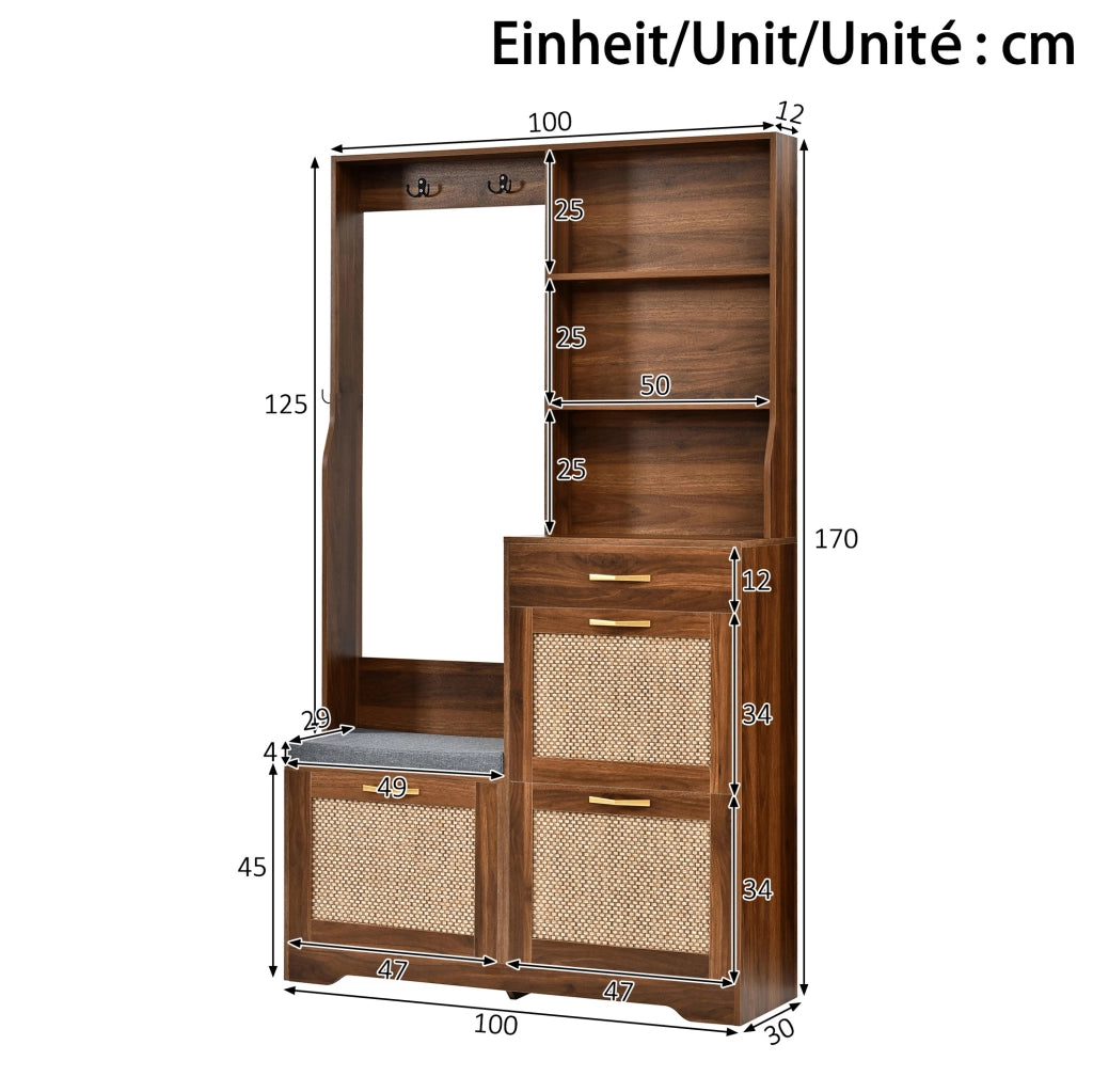 Guardaroba da ingresso 100x30x170 cm multifunzione con seduta; ante effetto rattan; MDF noce