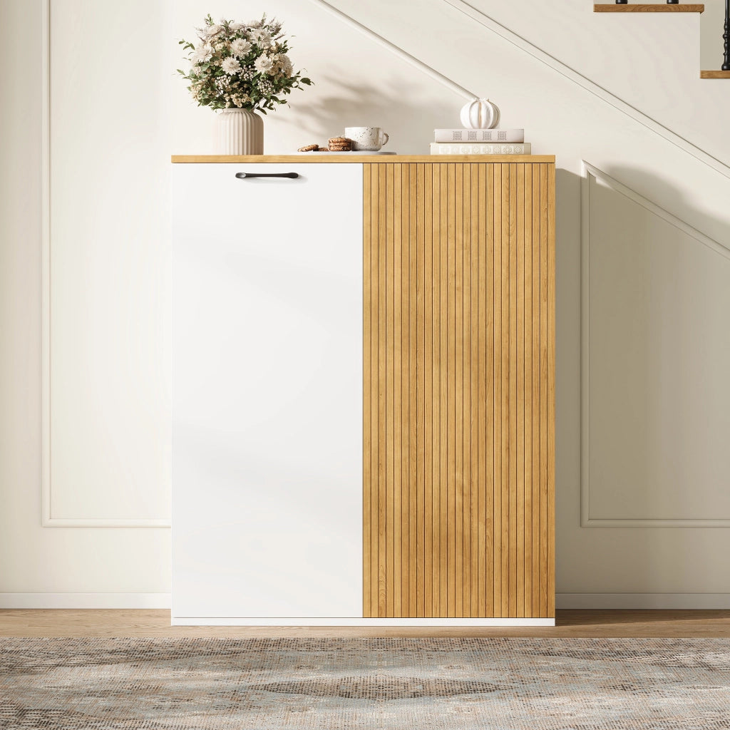 Highboard 80x40x110 cm in MDF bianco e rovere, mobile contenitore moderno per ufficio