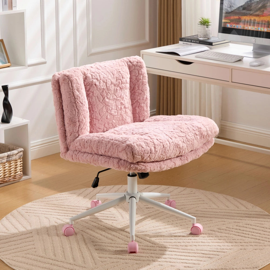 Sedia da ufficio in pelliccia sintetica rosa con seduta ampia; schienale ergonomico; altezza regolabile e girevole