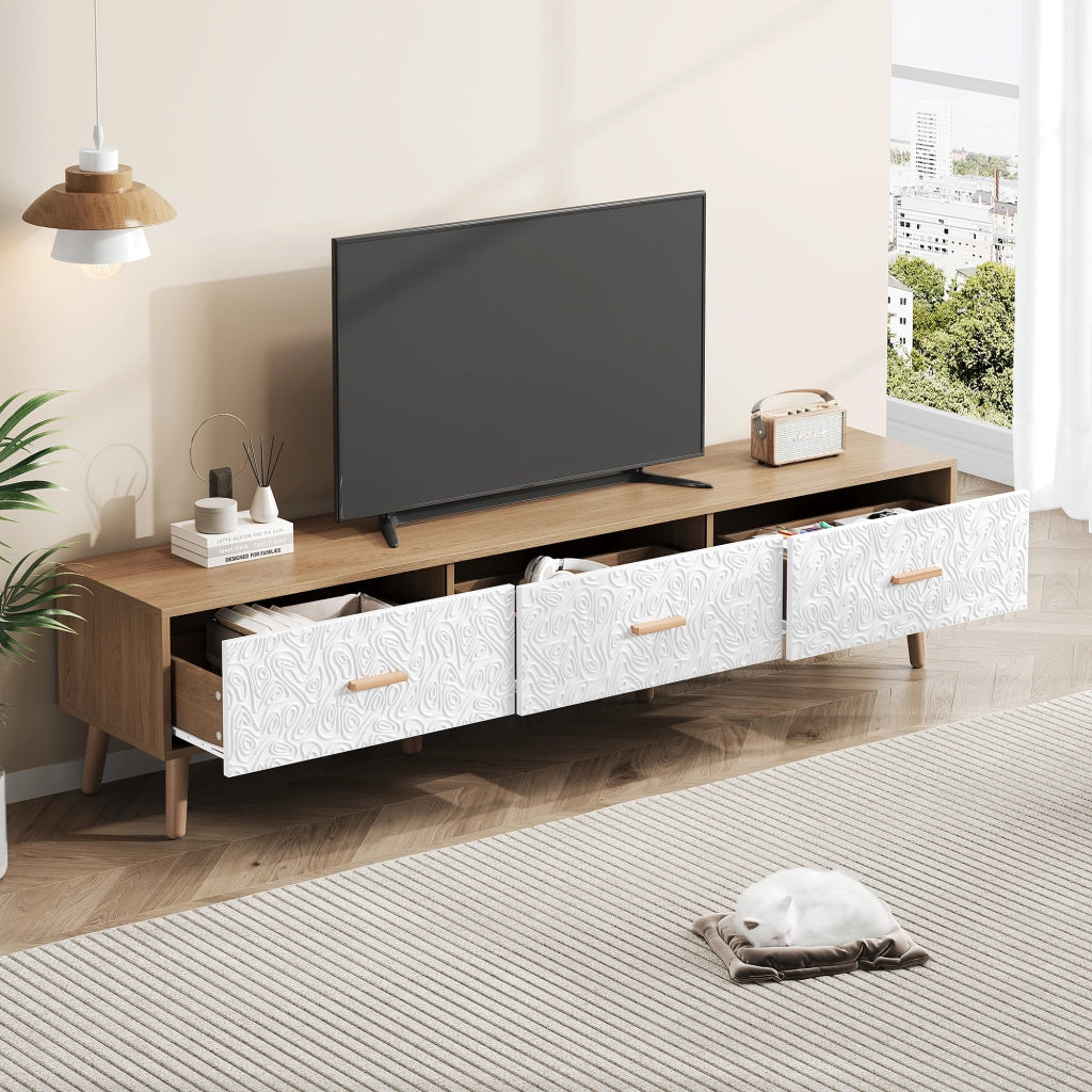 Mobile TV vintage 150 cm con 3 cassetti, finitura legno chiaro e dettagli bianchi