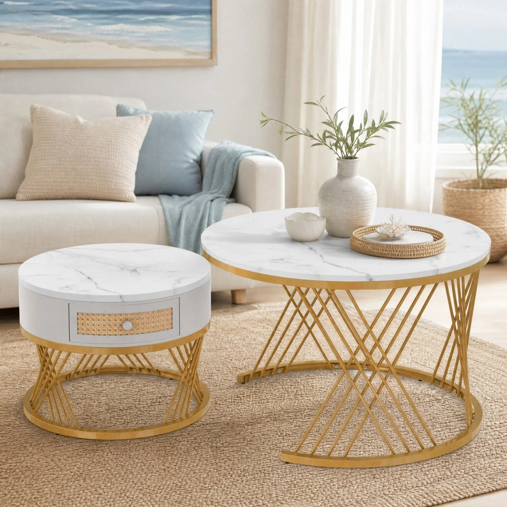 Set di 2 tavolini rotondi MDF bianco e oro con cassetto