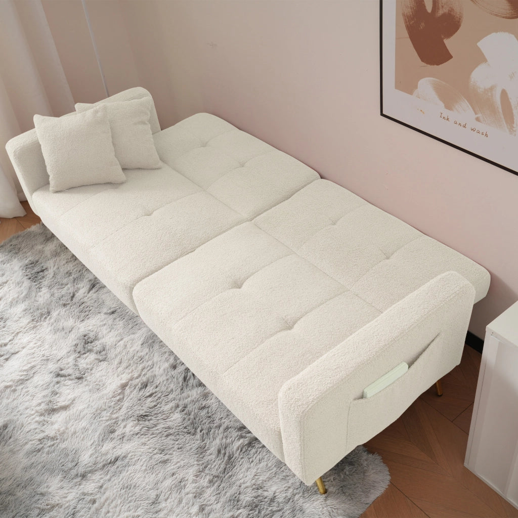 Divano Letto 2 Posti Schienale Regolabile 105-180° con Cuscini e Tasche Laterali Struttura in Legno in Tessuto Bianco