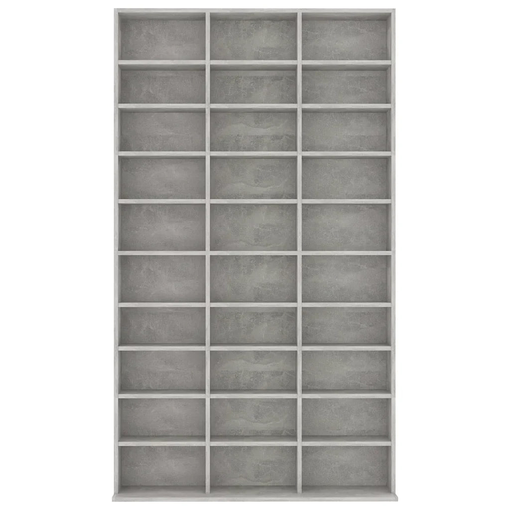 Elegante mobile porta CD con 30 scomparti a giorno 102 x 16 x 177 cm realizzato in legno composito grigio cemento 02_0047690