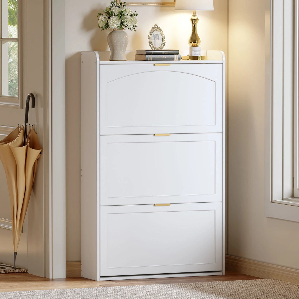 Scarpiera stretta con 3 ante a ribalta, mobile scarpe bianco per ingresso e soggiorno, 76x23x118 cm