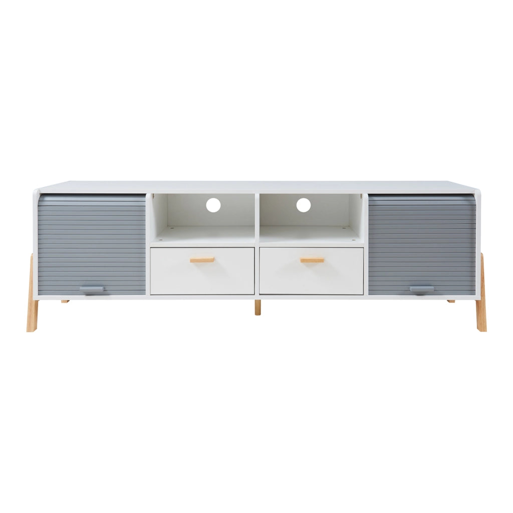 Mobile Porta TV Kvaefjord con Casseti Scomparti Aperti e Ante a Serranda - Bianco/Grigio [en.casa]