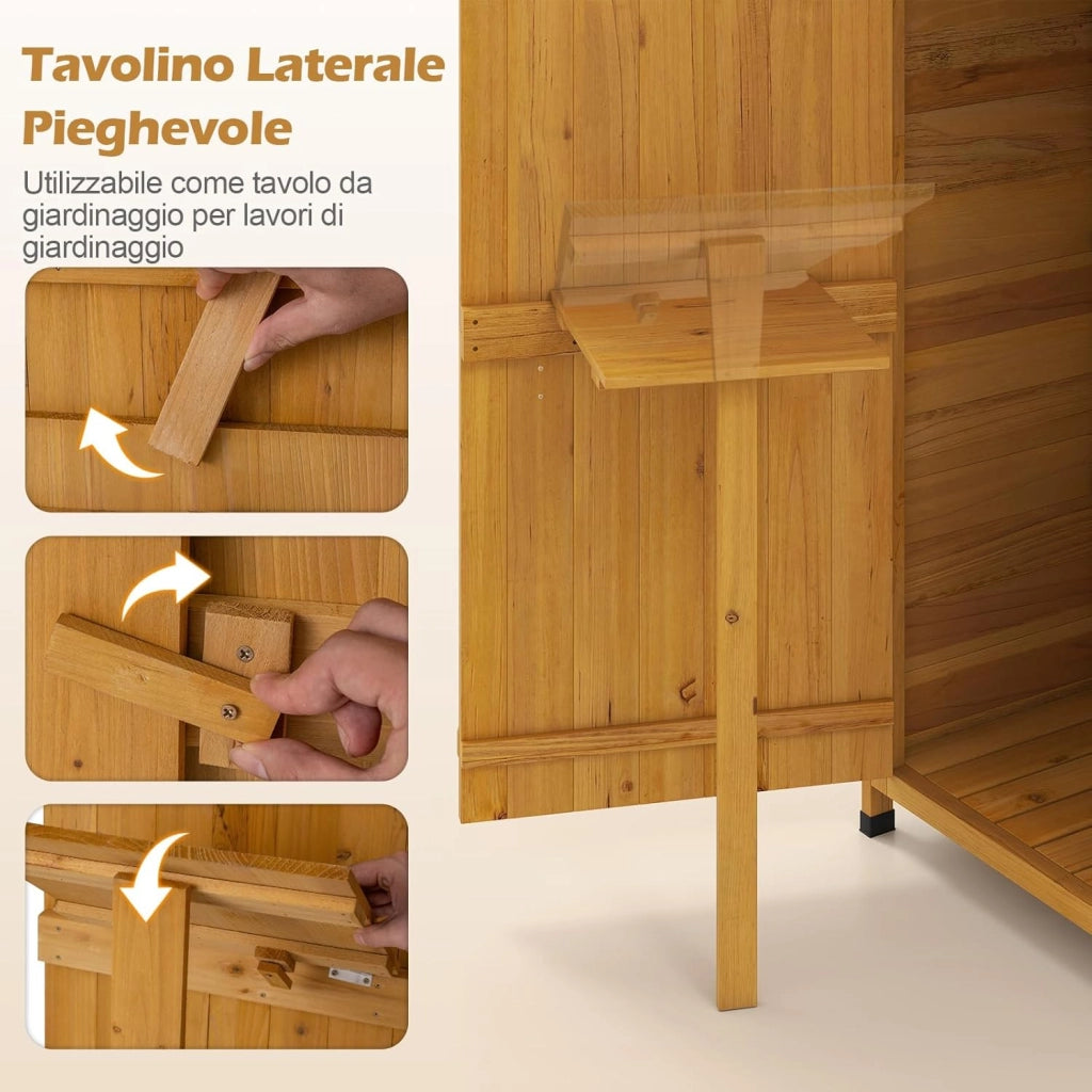 Armadio da Esterno, Armadietto da Giardino in Legno con Porta a Fienile Richiudibile con Serratura, Mensole Rimovibili, Tavolo Laterale Pieghevole, 3 Ganci e Tetto in Asfalto