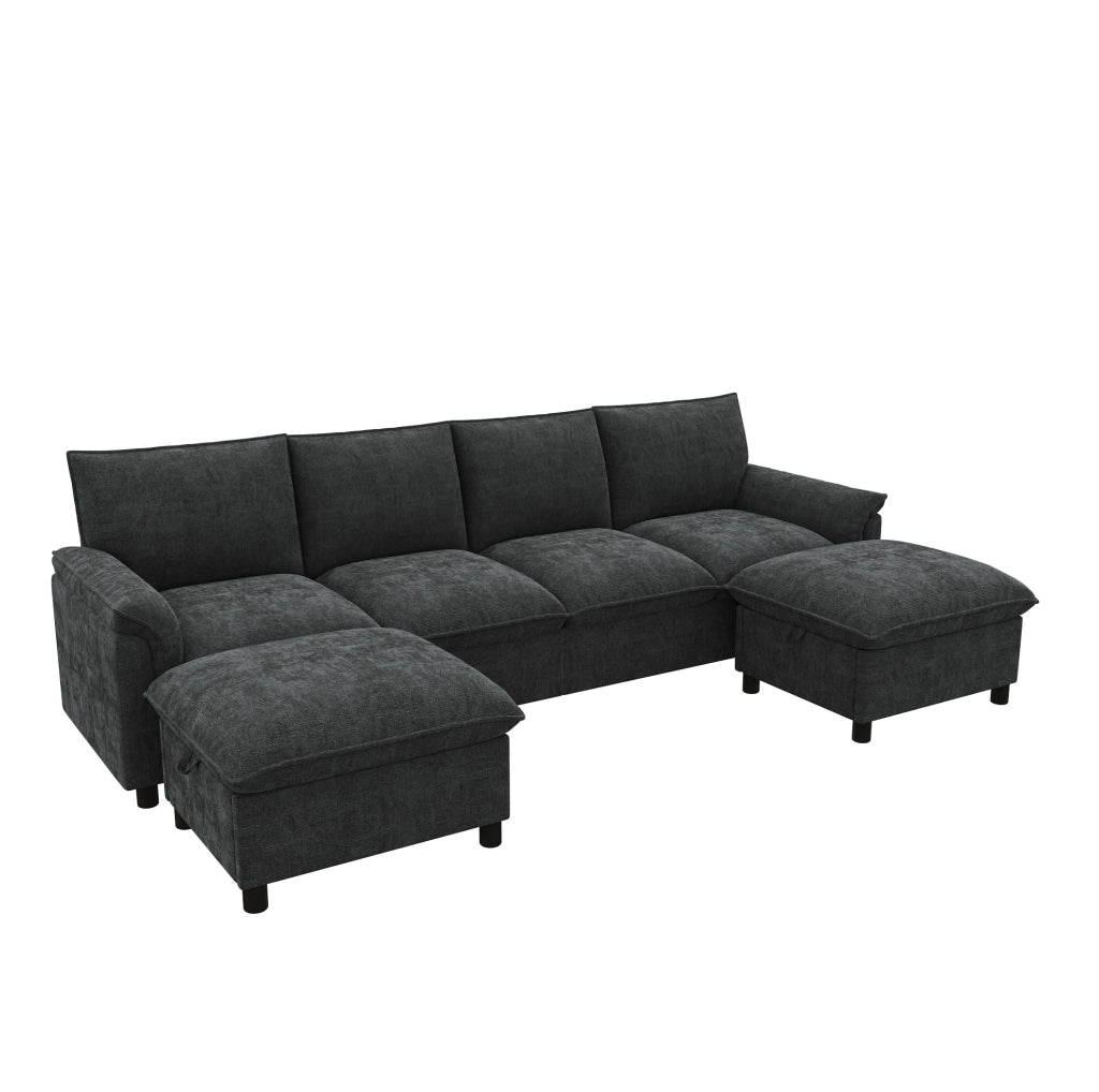 Divano in ciniglia nero con 2 pouf mobili; 264;5 x 142;5 x 84 cm