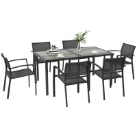 Set da Giardino con 6 Sedie Impilabili in Tessuto a Rete e Tavolo Effetto Legno, Grigio