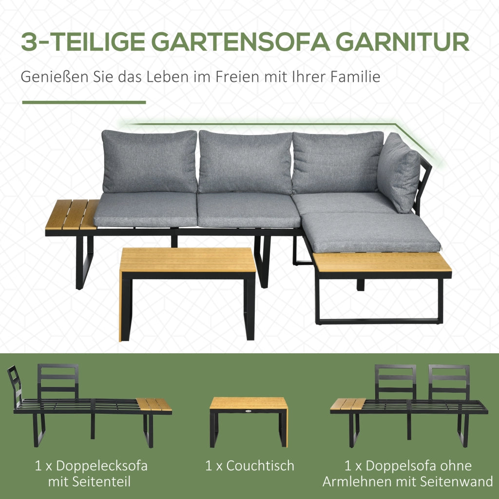 Set da giardino per 3 persone con cuscini ¨C zephmum ¨C telaio in alluminio, effetto legno, grigio scuro e naturale