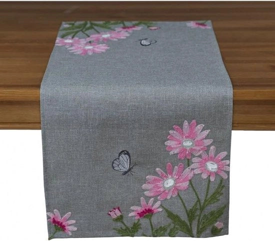 Tappeto per tavolo, copertina per tavolo e cuscino, a fiori grigi, decorazione a mano con margherite rosa e farfalle bianche (40 x 85 cm)