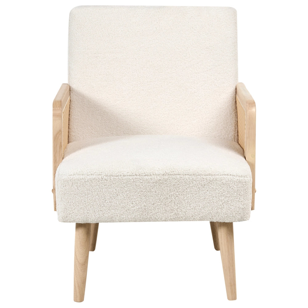 Poltrona bouclé bianco sporco design retrò struttura in legno soggiorno