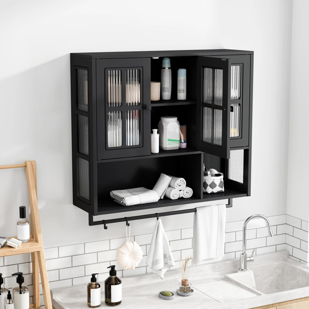 Pensile da bagno con 3 Ante; 1 Vano aperto e Portaasciugamani; Ripiani rimovibili; in MDF e Vetro; 88 × 26 × 82.5 cm; Nero