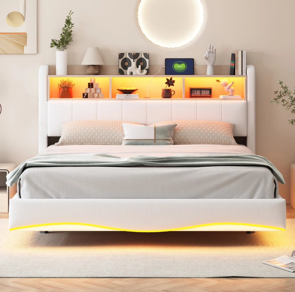 Letto matrimoniale imbottito 160x200 cm beige con LED e USB